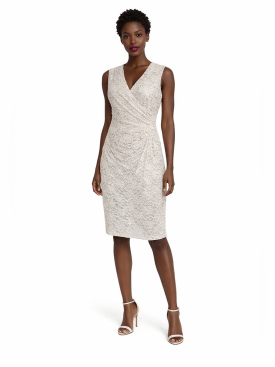 connected apparel Dresses & Skirts - Connected Lace Sequin Side Pleat Ivory Knee Length Sheath Night Out Party Dress